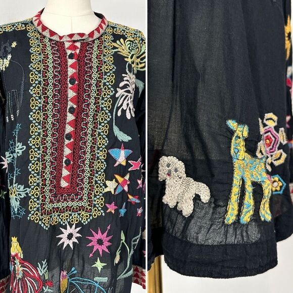 Johnny Was Biya Mishti Cotton Blouse Sz L Boho Embroidered Kitschy - Picture 5 of 16